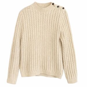 Vintage Cream Fisherman Wool Sweater Button Shoulder Chunky‎ Knit
